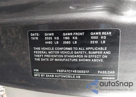 2011 Saab 9-3 Turbo4 z USA, uszkodzony, nr VIN YS3FA7CY4B1305217